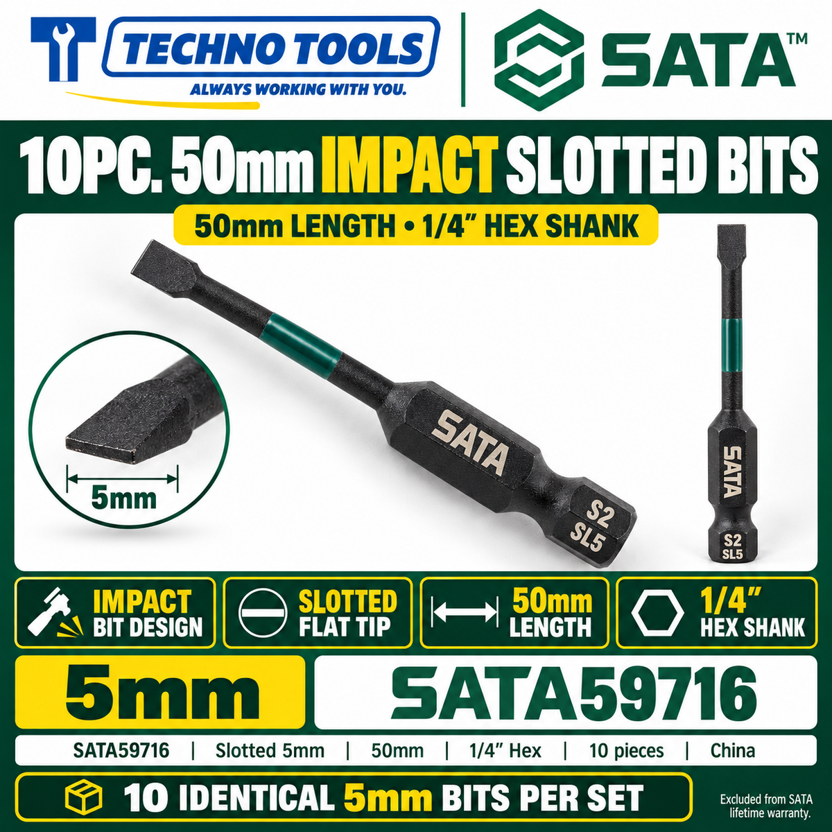 Shop SATA 59713-59718 10pc 1/4 inch hex shank impact bits, slotted 3mm to 6mm, 50mm long. Made in China.
