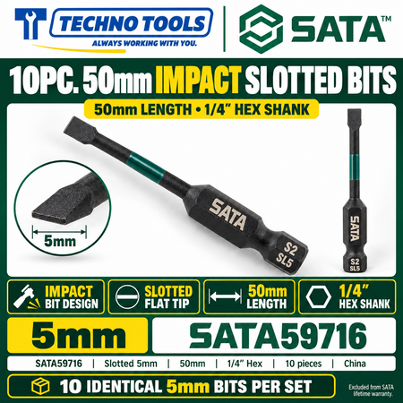 Shop SATA 59713-59718 10pc 1/4 inch hex shank impact bits, slotted 3mm to 6mm, 50mm long. Made in China.
