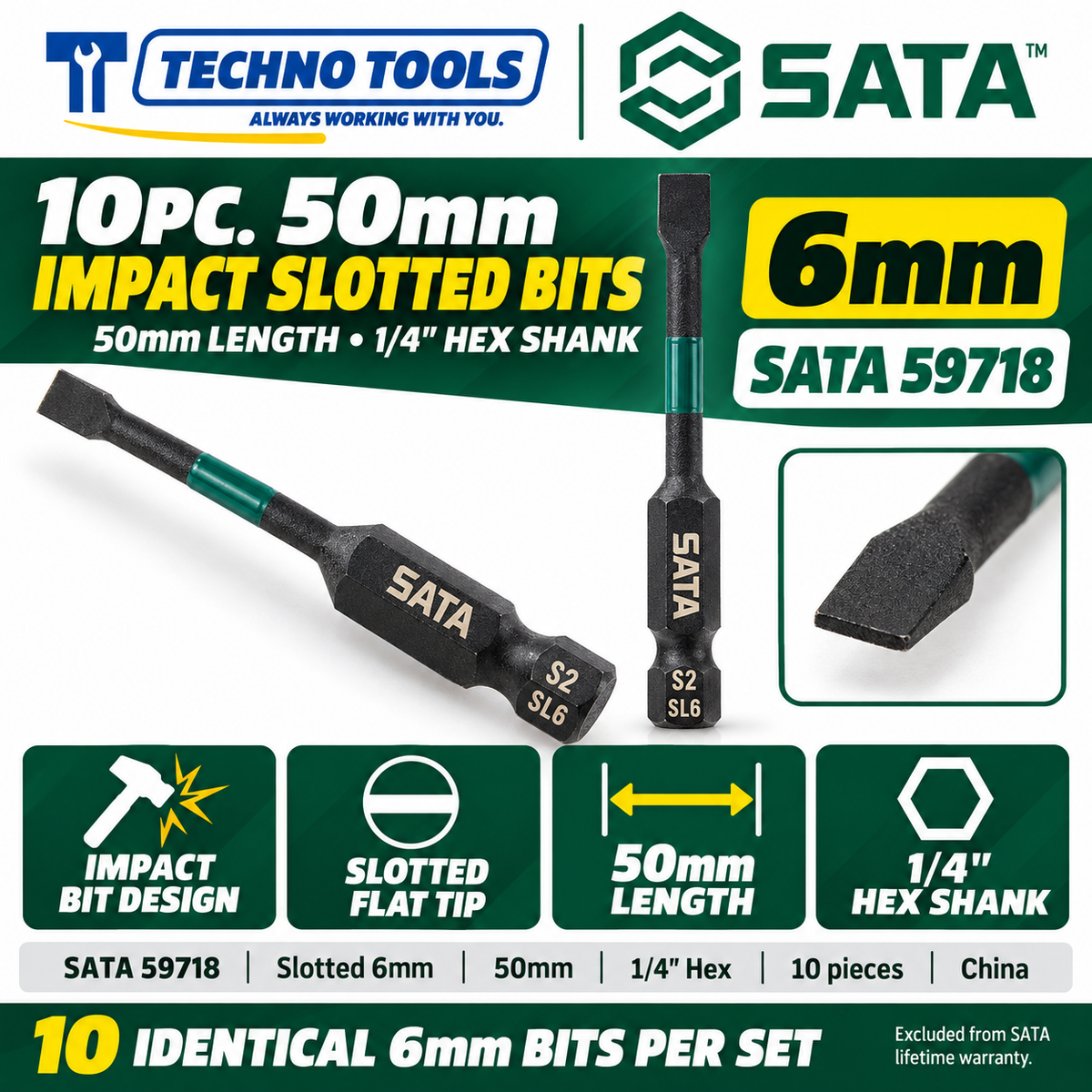 Shop SATA 59713-59718 10pc 1/4 inch hex shank impact bits, slotted 3mm to 6mm, 50mm long. Made in China.