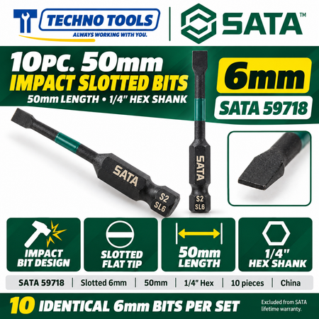 Shop SATA 59713-59718 10pc 1/4 inch hex shank impact bits, slotted 3mm to 6mm, 50mm long. Made in China.