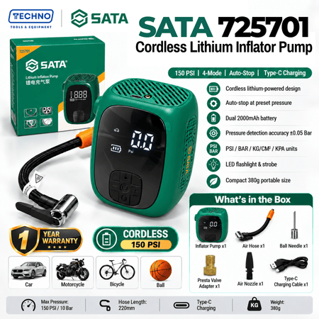 SATA 725701 Cordless Lithium Inflator Pump 150PSI | Auto-Stop Tire Inflator for Car Motorcycle Bicycle SATA