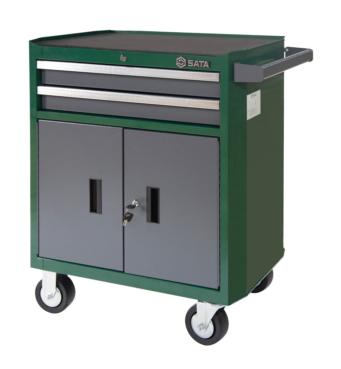 A green and gray SATA 95123 2-Drawer Tool Cart 770×470×896mm Heavy Duty, on wheels, featuring a thickened full polish aluminum alloy handle.