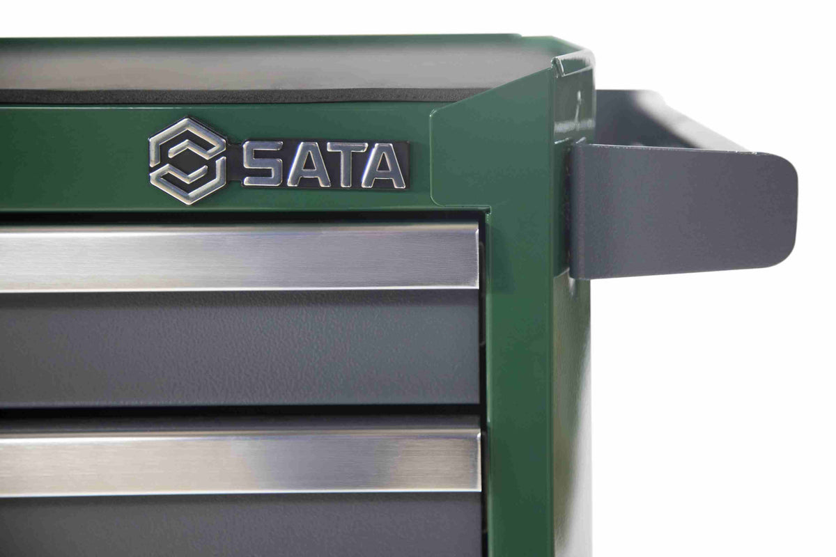 SATA 95123 2-Drawer Tool Cart 770×470×896mm Heavy Duty, on wheels, featuring a thickened full polish aluminum alloy handle.
