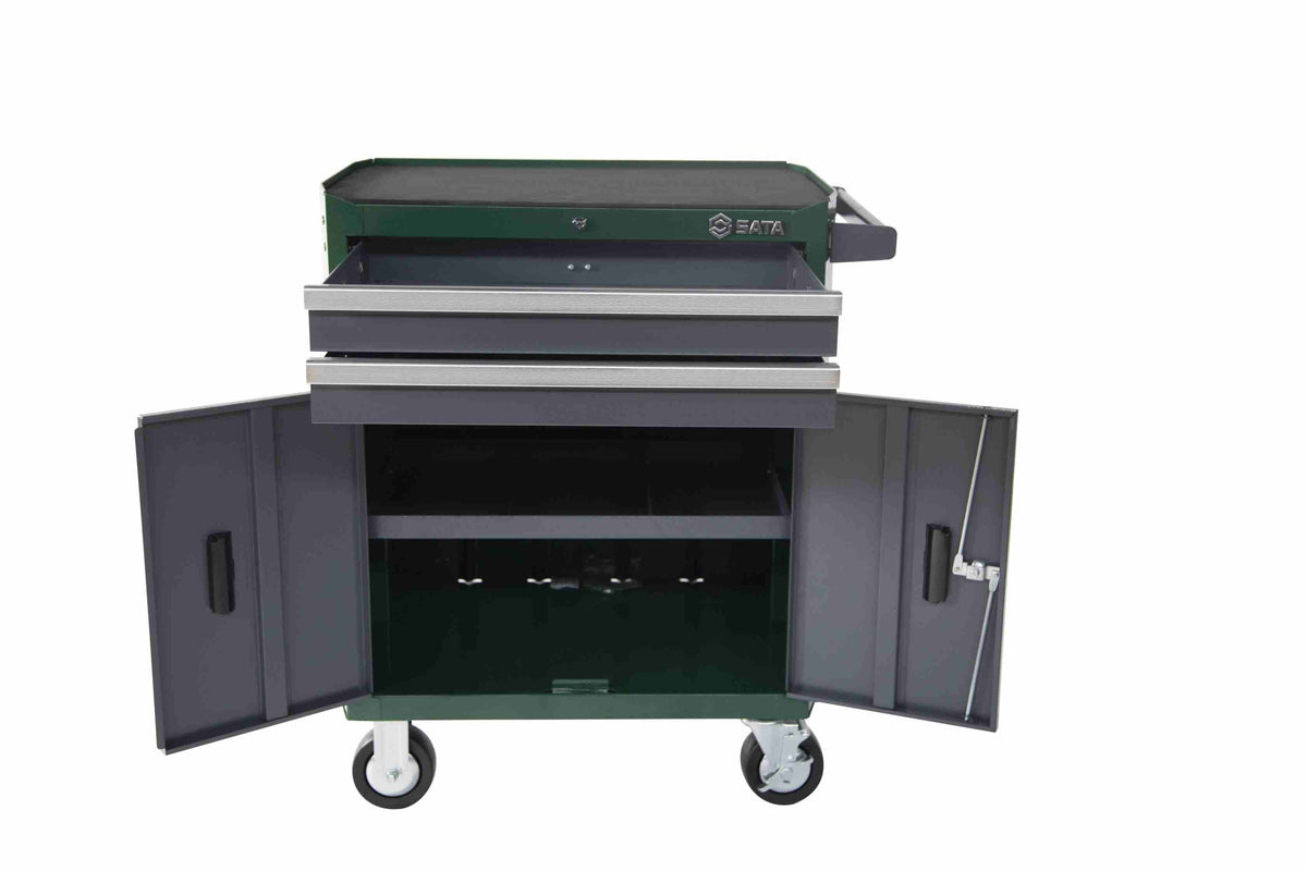 A green and gray SATA 95123 2-Drawer Tool Cart wide opened