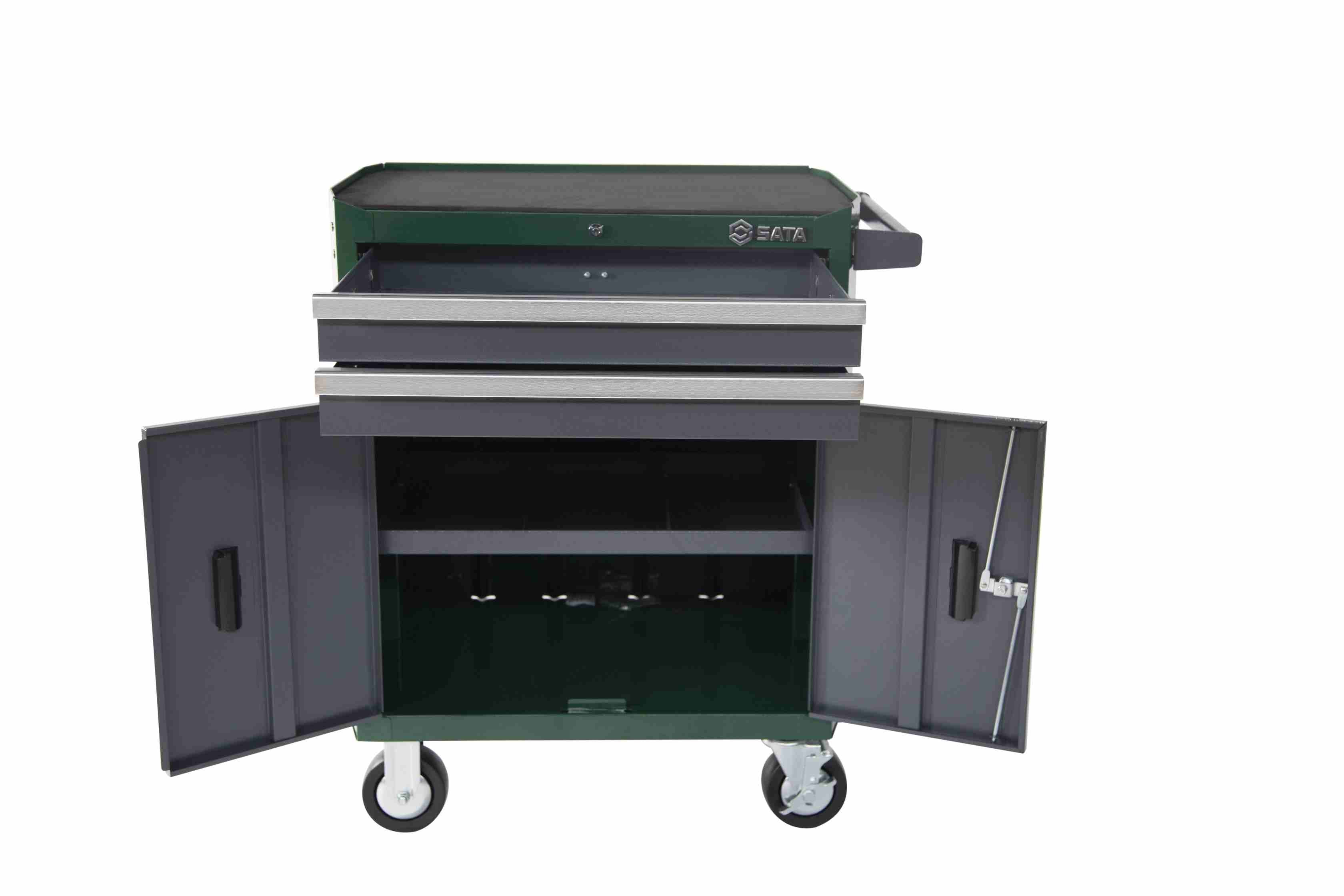 A green and gray SATA 95123 2-Drawer Tool Cart wide opened