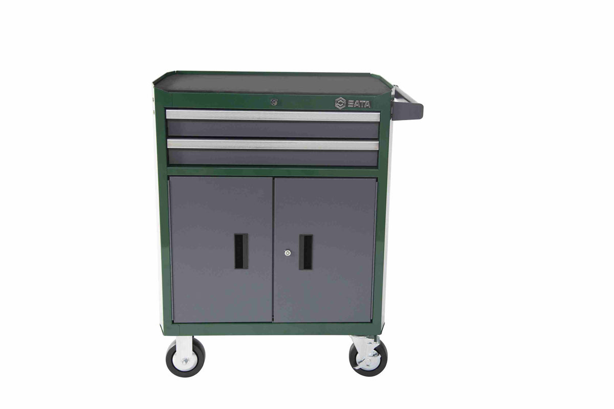 A green and gray SATA 95123 2-Drawer Tool Cart front view