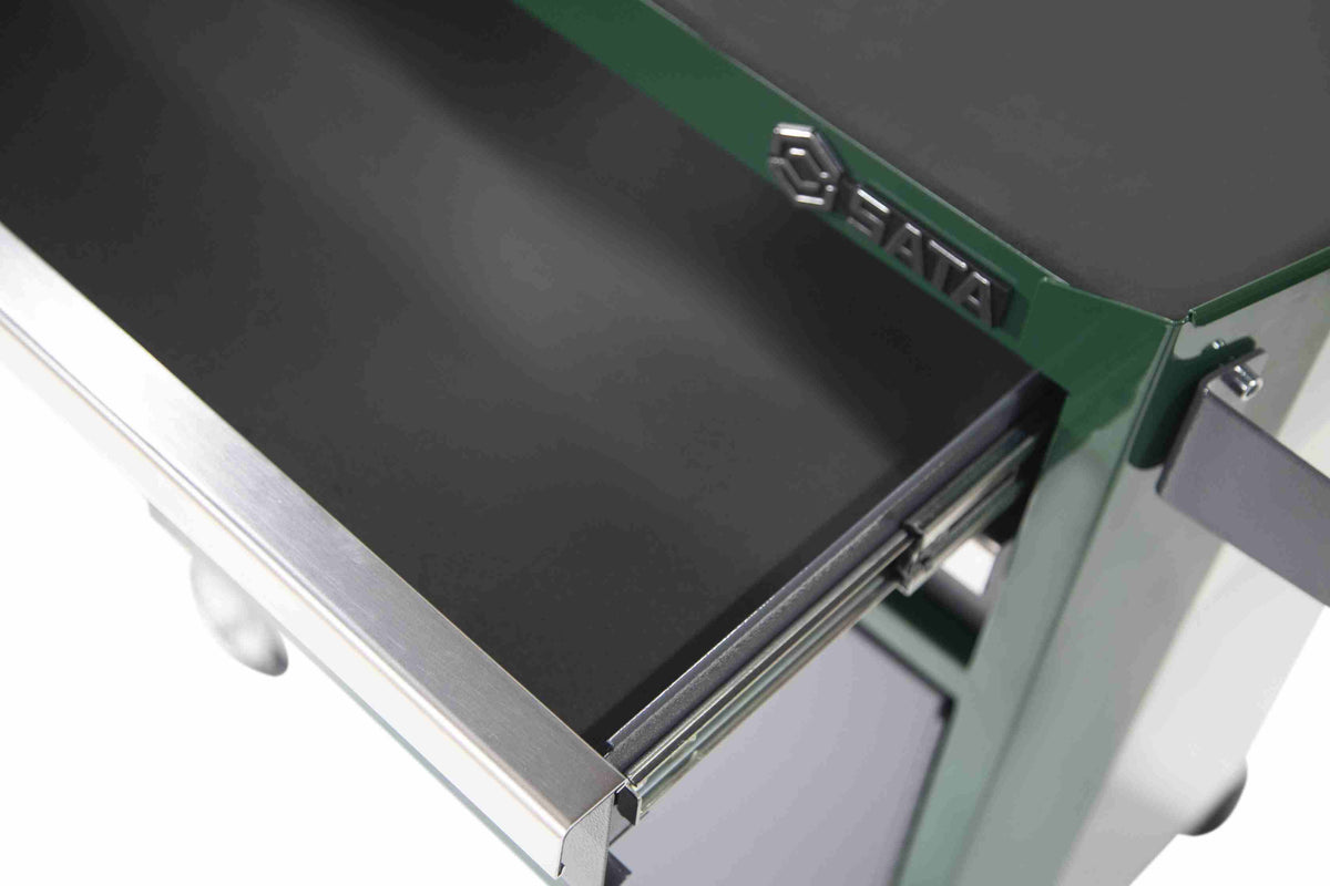 A green and gray SATA 95123 2-Drawer Tool Cart drawer with soft foam