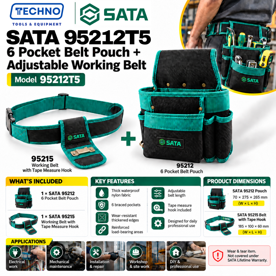 SATA 95212T5 6 Pocket Belt Pouch + Adjustable Working Belt tool pouch set, shown with product diagrams, dimensions, and usage context. The pouches are teal and black with a visible SATA logo.