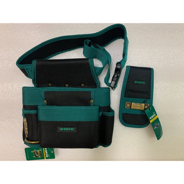 SATA 95212T5 6 pocket belt pouch with adjustable working belt and tape measure hook. Durable waterproof nylon for professional tool carrying.