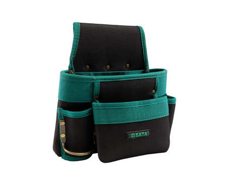 SATA 95212T5 6 pocket belt pouch with adjustable working belt and tape measure hook. Durable waterproof nylon for professional tool carrying.