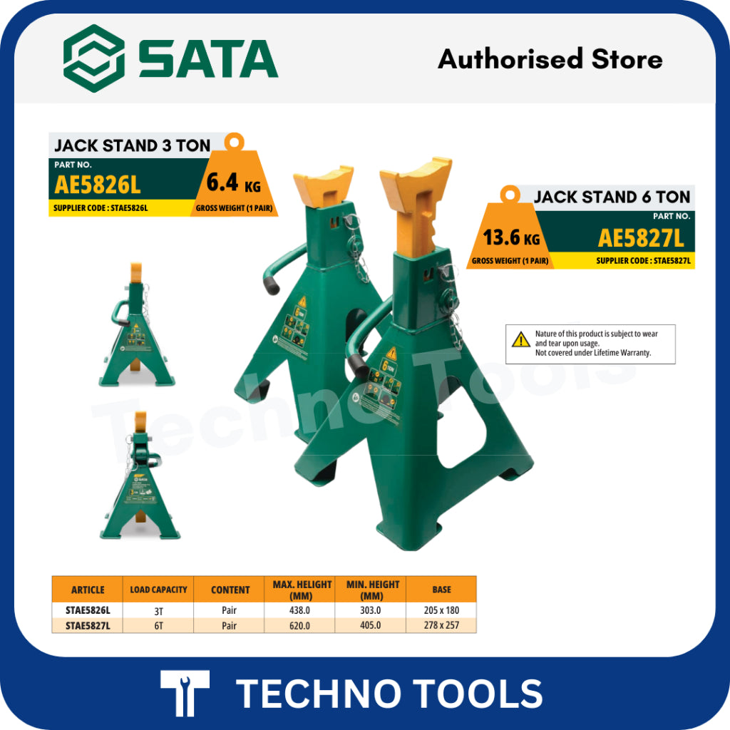 Shop SATA Jack Stands (3T/6T). Features heavy-duty steel construction, 10-level height adjustment, and safety pins. Professional GS-certified vehicle support.