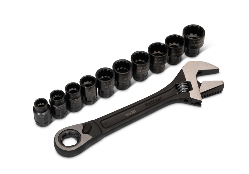 SATA ST09000 11-piece pass-thru adjustable wrench set, 8" wrench + 10 vortex sockets, 10-19mm. Lifetime warranty included.