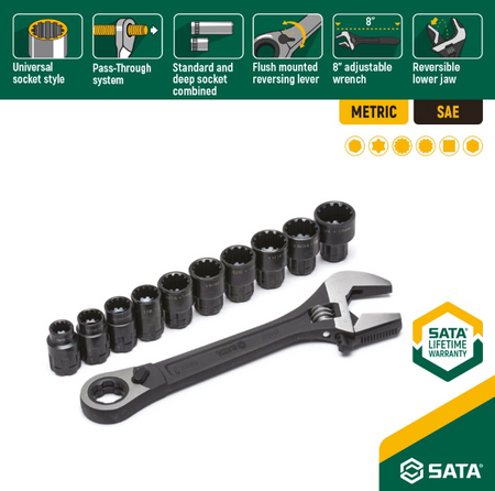SATA ST09000 11-piece pass-thru adjustable wrench set, 8" wrench + 10 vortex sockets, 10-19mm. Lifetime warranty included.