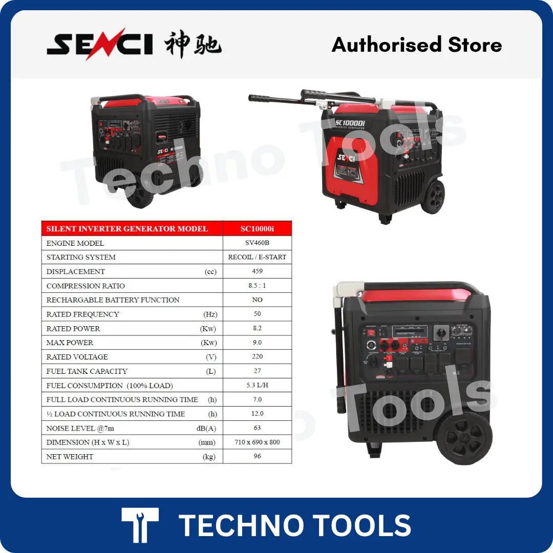 Senci SC10000i Silent inverter generator model with technical specifications available on Techno Tools.