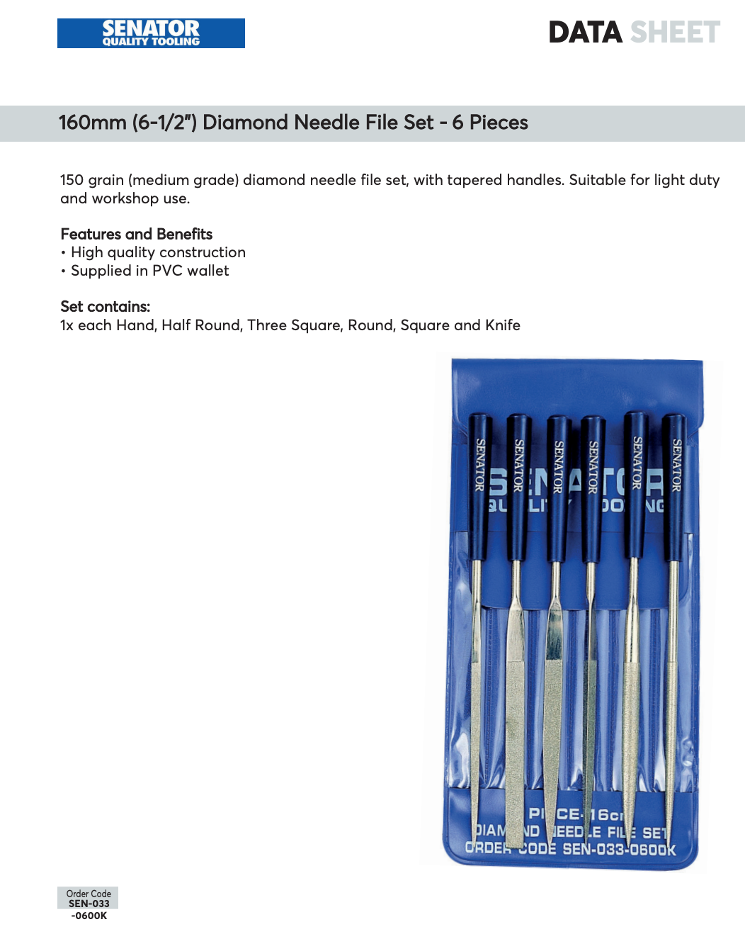 The Senator SEN0330600K 160mm 6-Piece Diamond Needle File Set is a 150-grain (medium grade) precision filing solution designed for light-duty and general workshop use. Built with high-quality diamond coating, this set provides smooth, controlled material removal while maintaining durability and accuracy. Each file is fitted with a tapered handle for improved grip and precision during detailed work.