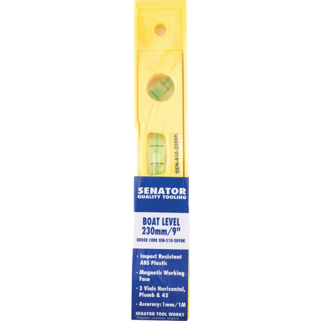 Shop the Senator SEN5102090K 230mm/9"  Magnetic Boat Level. High-visibility yellow, 3 vials (Horizontal/Vertical/45°), and impact-resistant plastic body.