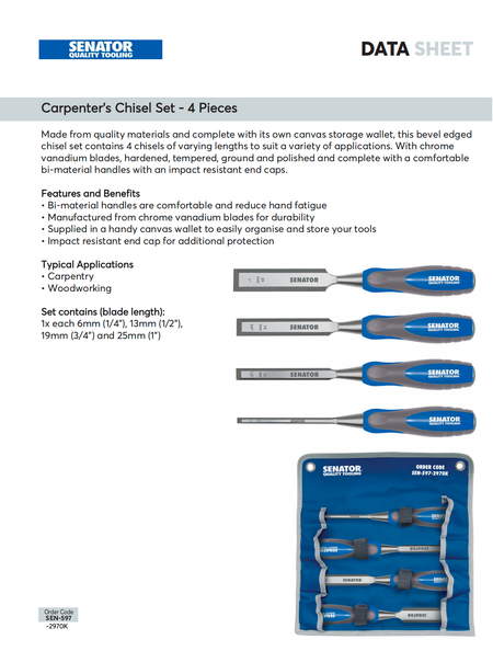 Senator 4-Pc Wood Chisel Set 6-25mm | Chrome Vanadium Bevel Edge with Bag SEN5972970K SENATOR