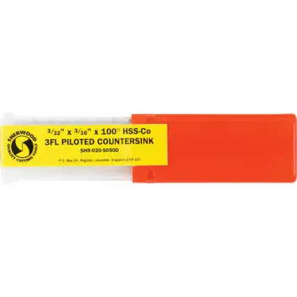 Sherwood SHR0205050D 3/32"x3/16" 100° HSS Cobalt 3FL Piloted Countersink SHERWOOD