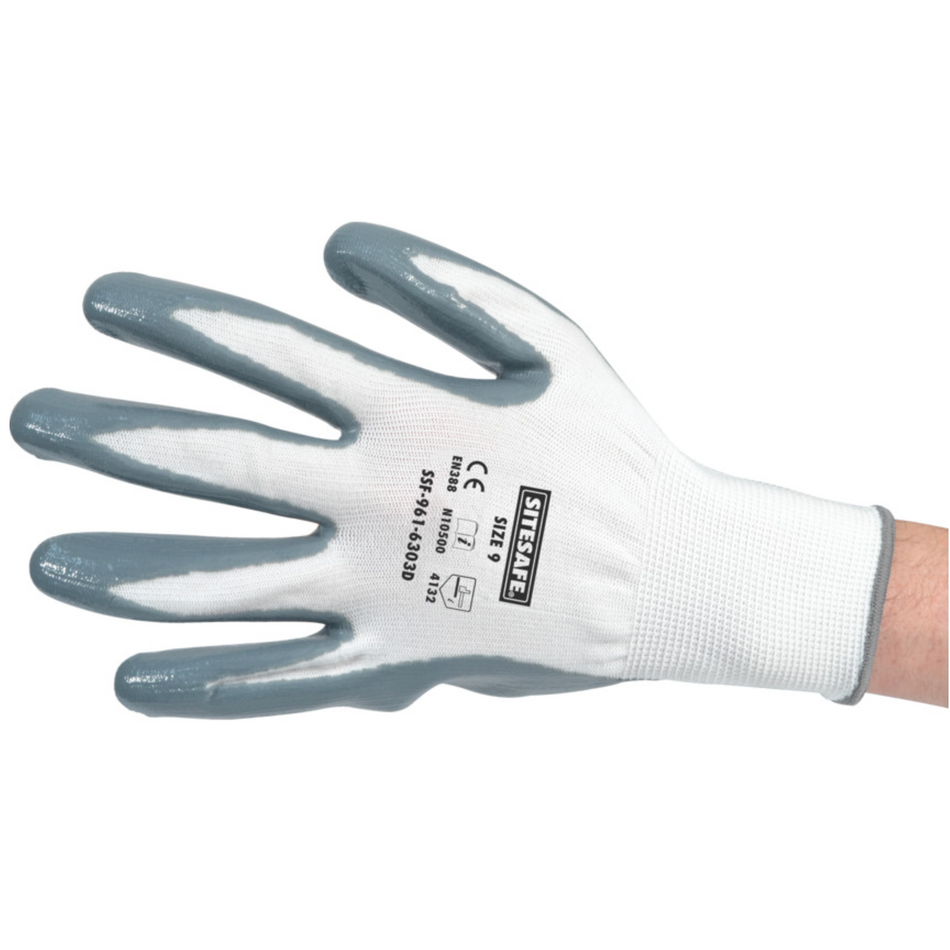 Sitesafe SSF9616303D  Mechanical Hazard Gloves, Grey/White, Nylon Liner, Nitrile Coating, EN388: 2003, 4, 1, 3, 2, Size 9