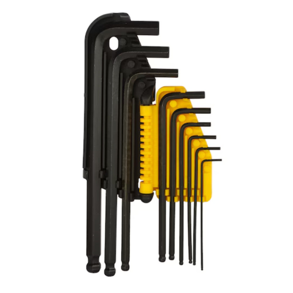 Set of black and yellow Allen wrenches on a white background