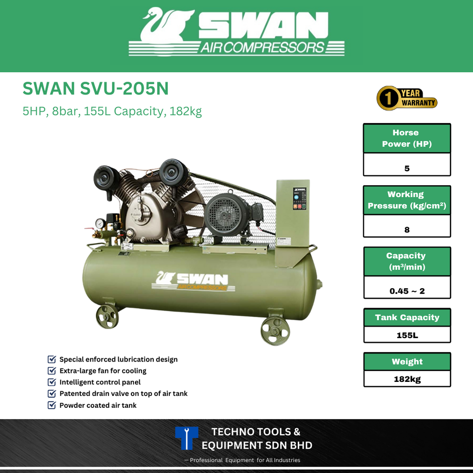 SWAN AIR COMPRESSOR SVU-205N, 5HP, 8bar, 155L Capacity, 182kg