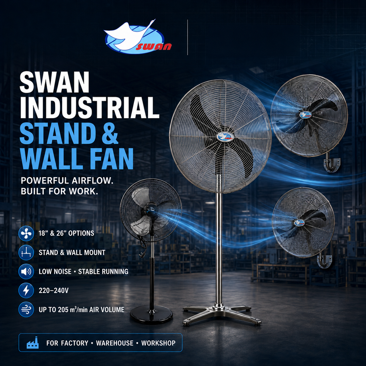 Swan FB-65 / FB65 Heavy Duty Industrial Stand Fan 26" – 180W, 1300 Rpm, Kipas Industri SWAN