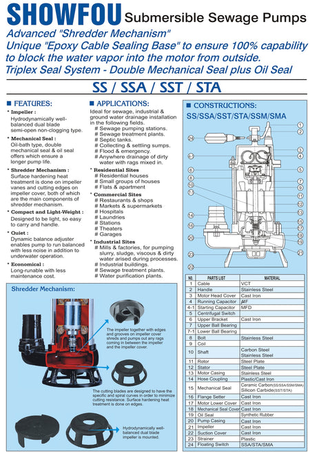 Showfou SS-332D Submersible Sewage Pump 2.2kW 800L/min 18m | 3 Phase 4" Made in Taiwan SHOWFOU