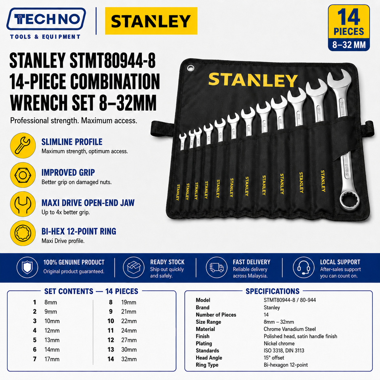 Stanley STMT80944-8 Slimline 14-Piece Combination Wrench Set 8-32mm | Chrome Vanadium STANLEY