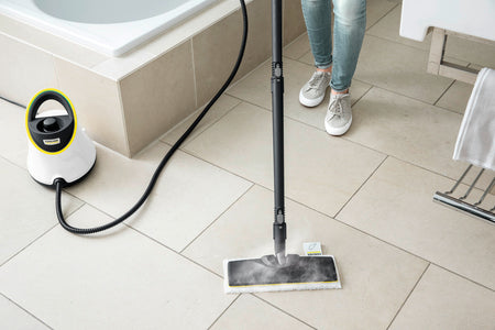 Cleaning a bathroom floor with Karcher steam cleaner SC 2 Deluxe