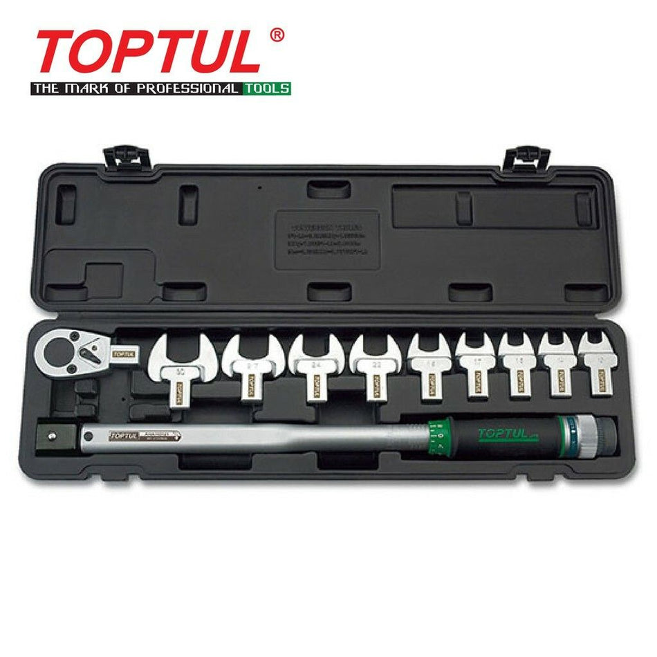 TOPTUL 11-piece 1/2" drive head-interchangeable spanner torque wrench set in a black blow case with various sizes displayed.