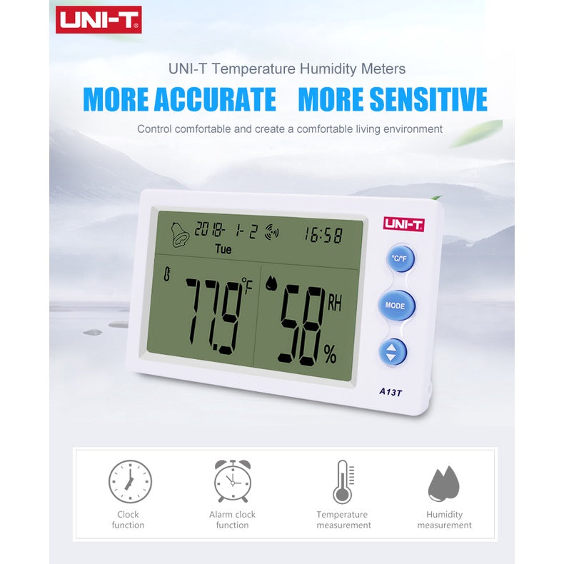 Uni-T A13T Temperature Humidity Meter | Indoor Outdoor Hygrometer with Clock & Alarm UNI-T