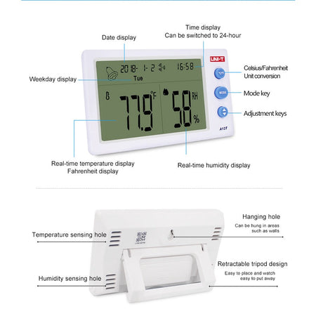 Uni-T A13T Temperature Humidity Meter | Indoor Outdoor Hygrometer with Clock & Alarm UNI-T