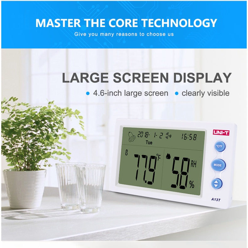 Uni-T A13T Temperature Humidity Meter | Indoor Outdoor Hygrometer with Clock & Alarm UNI-T