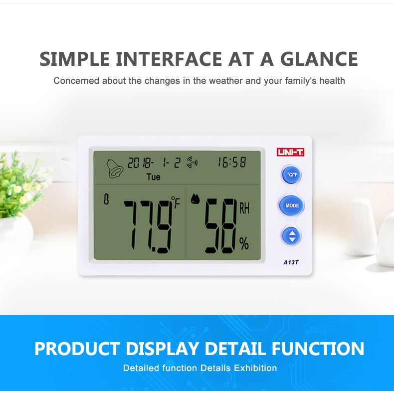 Uni-T A13T Temperature Humidity Meter | Indoor Outdoor Hygrometer with Clock & Alarm UNI-T