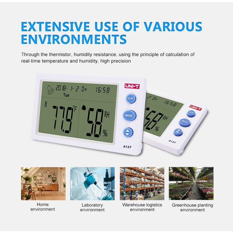 Uni-T A13T Temperature Humidity Meter | Indoor Outdoor Hygrometer with Clock & Alarm UNI-T
