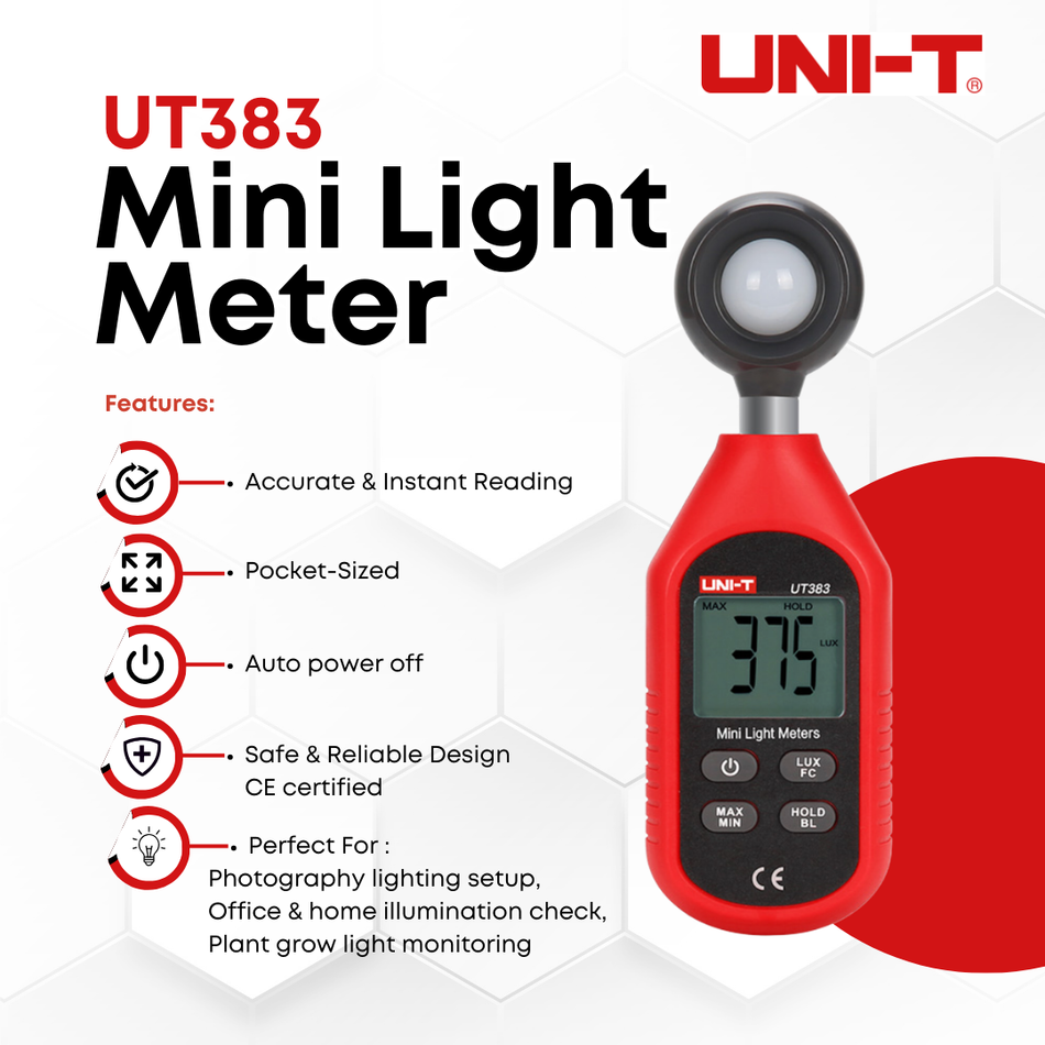 UNI-T UT383 Mini Light Meter | 0–199,900 Lux Illuminance Tester UNI-T UT3 83