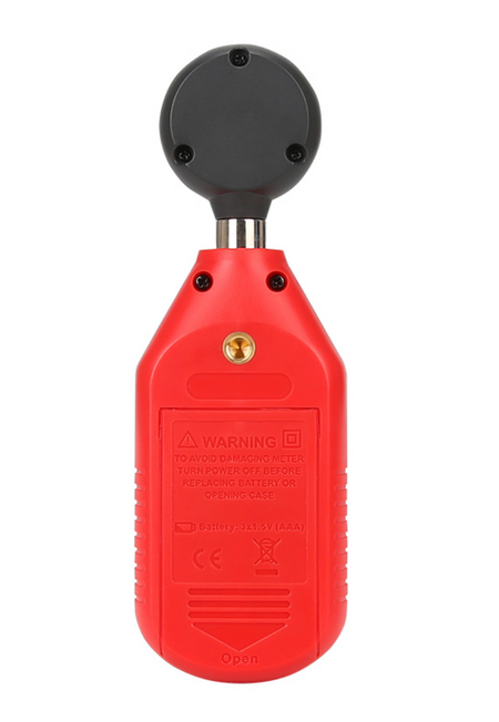 The UNI-T UT383 design in Red and black device with a warning label on the battery palcement cover back view of the device.