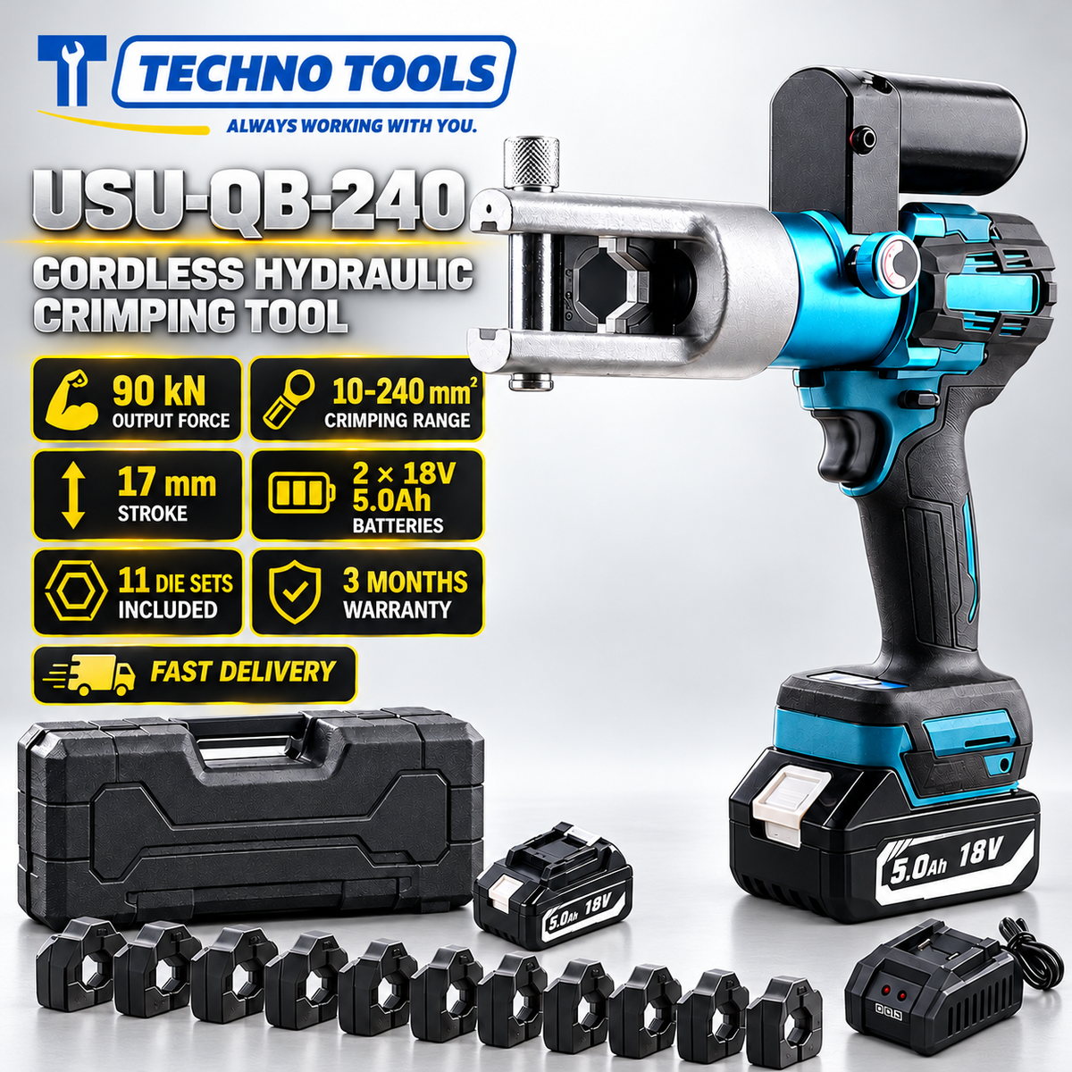 USU-QB-240 18V Cordless Rechargeable Hydraulic Crimping Tool 90KN (10-240mm²) with 2x 5.0Ah Batteries & 11 Crimping Dies OEM