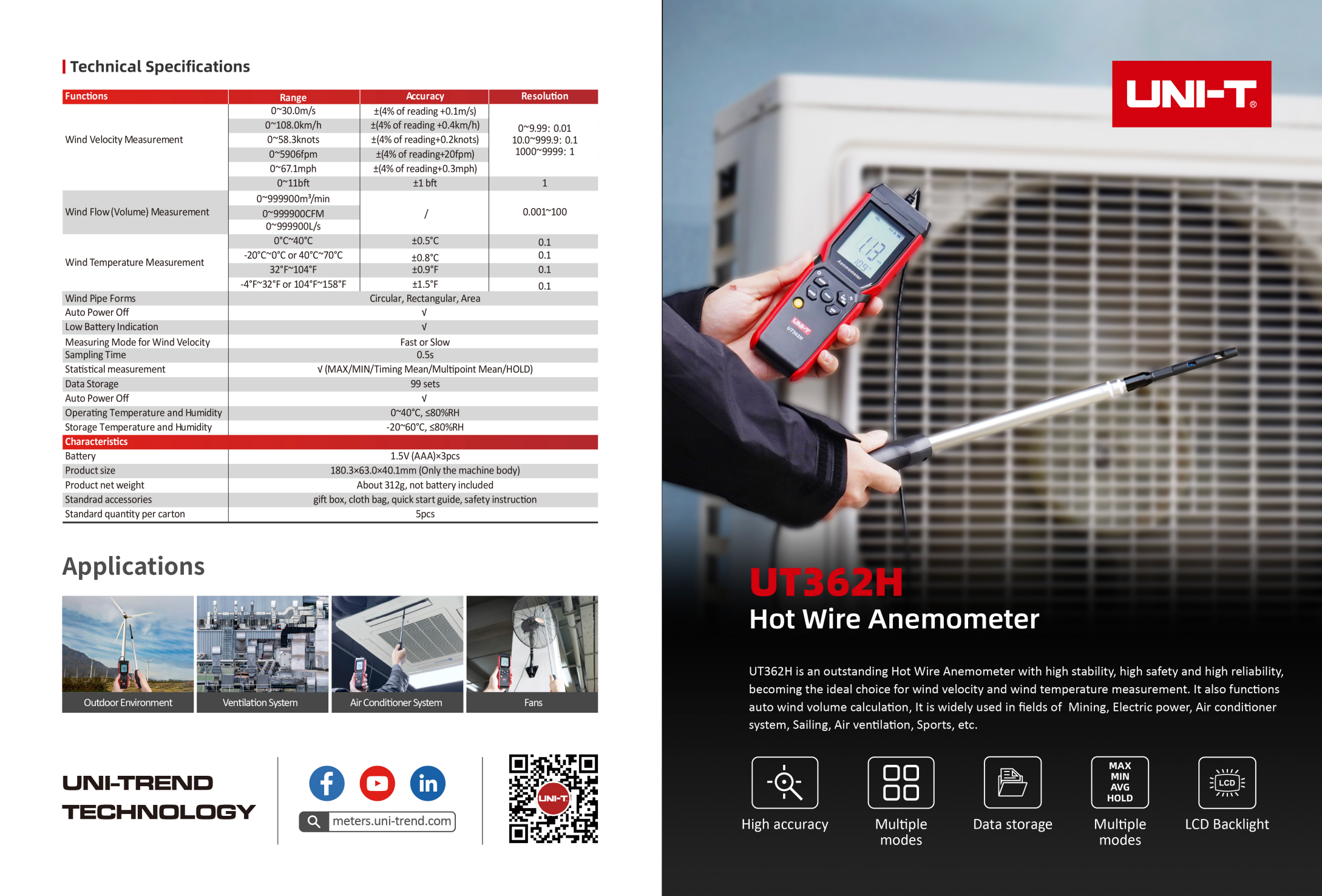 UNI-T UT362H Hot Wire Anemometer: High-Accuracy HVAC Testing Meter UNI-T