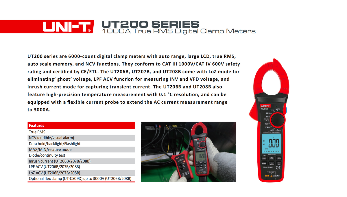 Uni-T UT207B 1000A AC/DC True RMS Digital Clamp Meter | NCV & Inrush (UT 207B) UNI-T