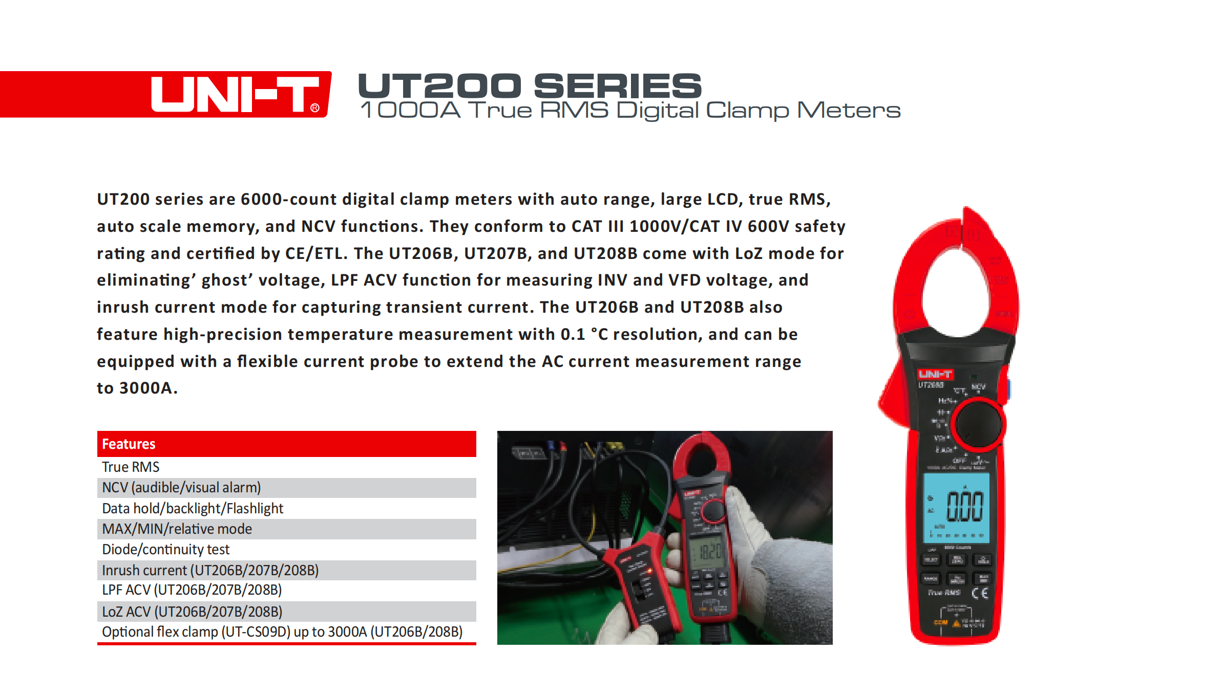 Uni-T UT207B 1000A AC/DC True RMS Digital Clamp Meter | NCV & Inrush (UT 207B) UNI-T