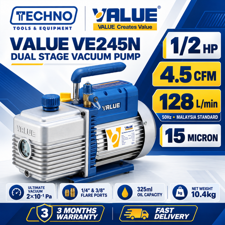 Value VE245N Dual Stage Vacuum Pump 1/2HP 4.5CFM | 15 Micron Deep Vacuum HVAC Malaysia VALUE