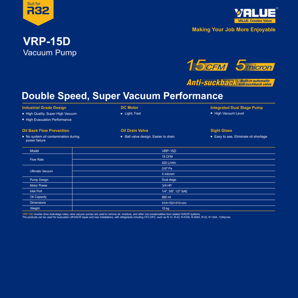 Value VRP-15D 15CFM Dual-Stage Vacuum Pump | Suit for R32, 3/4 Hp, 5-micron VALUE