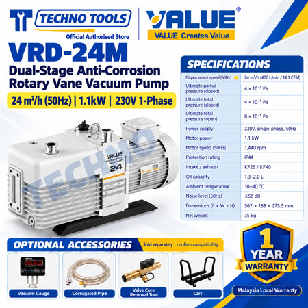 Value VRD-24M Dual-Stage Anti-Corrosion Rotary Vane Vacuum Pump 24m³/h (50Hz) 1.1kW 230V 1-Phase, with specifications and optional accessories