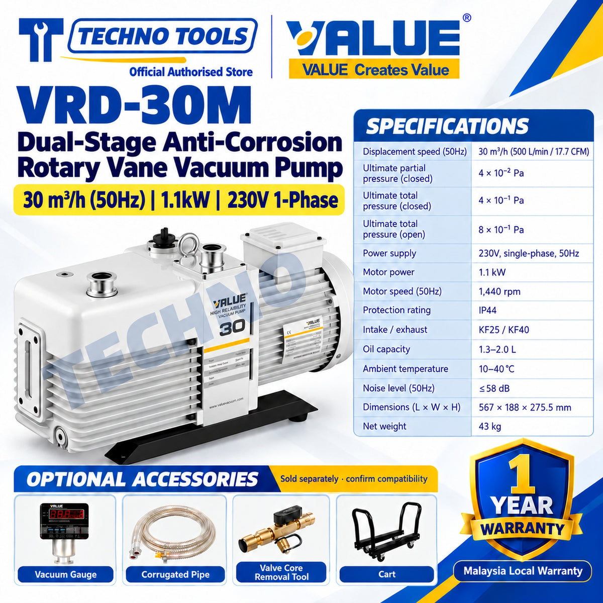 Value VRD-30M Dual-Stage Anti-Corrosion Rotary Vane Vacuum Pump 30m³/h (50Hz) 1.1kW 230V 1-Phase, with specifications and optional accessories