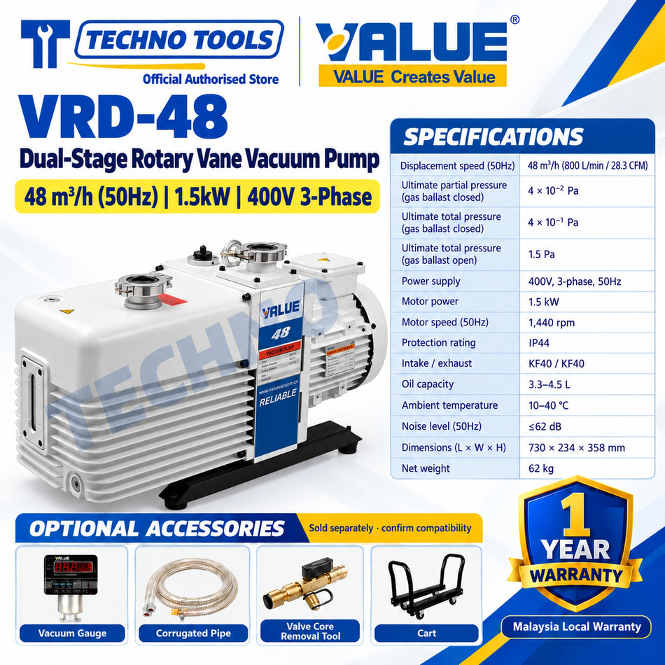 Industrial Vacuum Pump Value VRD-48 Dual-Stage Rotary Vane Vacuum Pump 48m³/h (50Hz) 1.5kW 400V 3-Phase, with specification table and optional accessories
