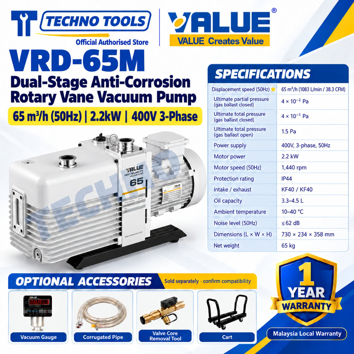 Value VRD-65M Dual-Stage Anti-Corrosion Rotary Vane Vacuum Pump 65m³/h (50Hz) 2.2kW 400V 3-Phase, with specifications and optional accessories