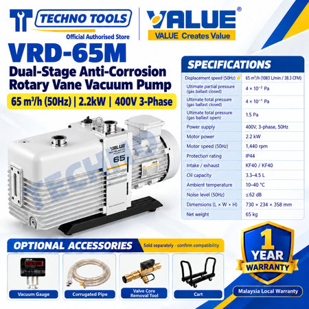 Value VRD-65M Dual-Stage Anti-Corrosion Rotary Vane Vacuum Pump 65m³/h (50Hz) 2.2kW 400V 3-Phase, with specifications and optional accessories