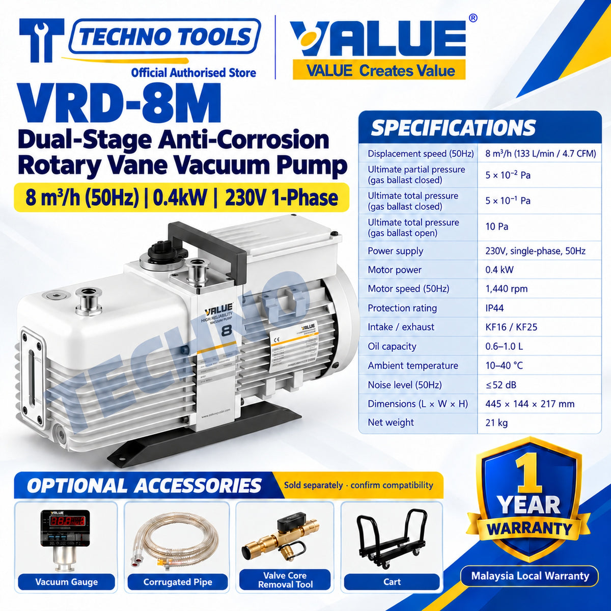 Value VRD-8M Dual-Stage Anti-Corrosion Rotary Vane Vacuum Pump 8m³/h (50Hz) 0.4kW 230V 1-Phase, with specifications and optional accessories