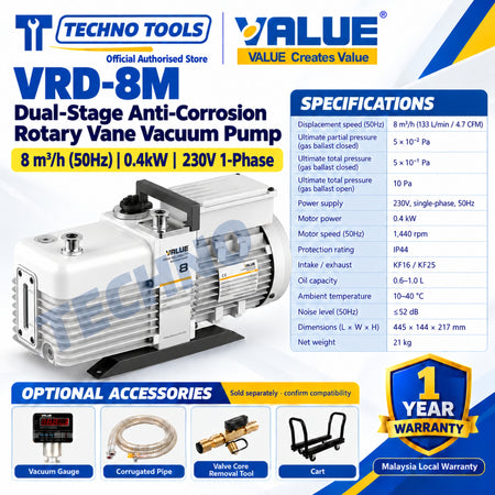 Value VRD-8M Dual-Stage Anti-Corrosion Rotary Vane Vacuum Pump 8m³/h (50Hz) 0.4kW 230V 1-Phase, with specifications and optional accessories